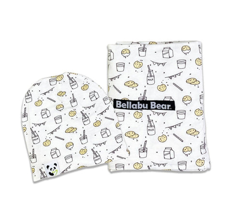 Bellabu Bear-Milk and Cookies Bamboo Swaddle & Beanie Set-#Butter_Bug_Boutique#