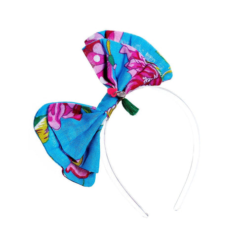 Printed Fabric Bow Light Blue Headband - Lilies & Roses NY