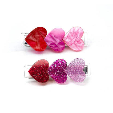 Red Glitter Pearlized Hearts Hair Clips Set - Lilies & Roses NY