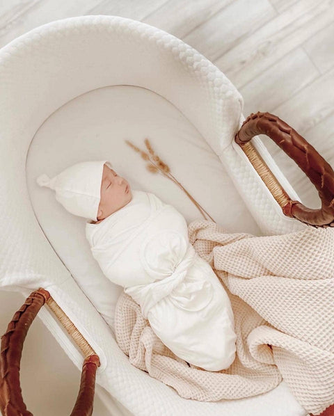 Swaddle Blanket & Baby Hat - White - Stroller Society