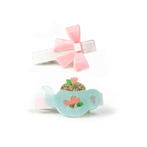 Tea Pot & Pink Bow Hair Clips Set - Lilies & Roses NY
